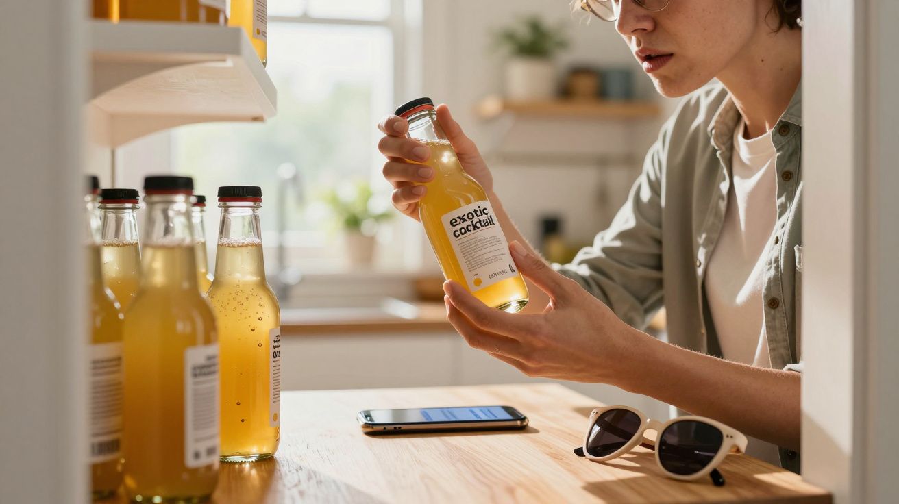Pessoa lendo o rótulo de uma garrafa de coquetel exótico em uma cozinha iluminada.