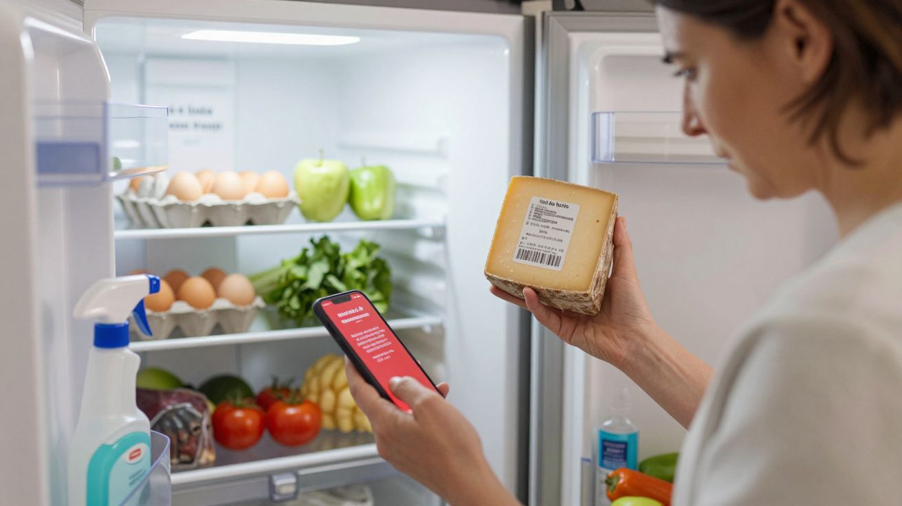 Mulher segura queijo e celular em frente à geladeira aberta com alimentos e produtos de limpeza.