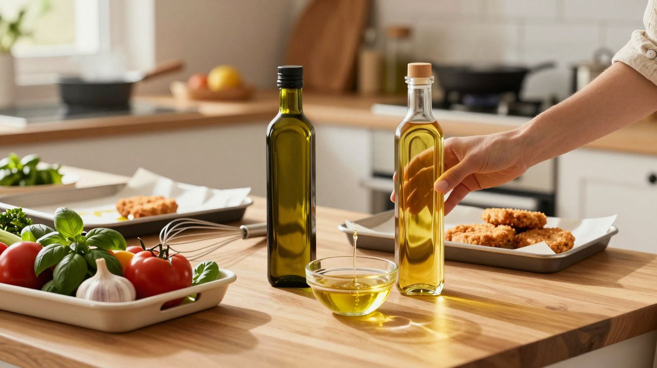 Pessoa segurando garrafa de azeite sobre bancada de cozinha com vegetais e pratos preparados.