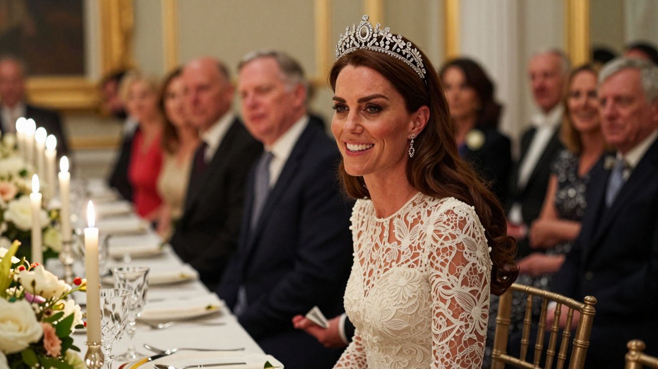 Mulher com vestido branco rendado e tiara sorrindo em jantar formal com pessoas ao fundo.