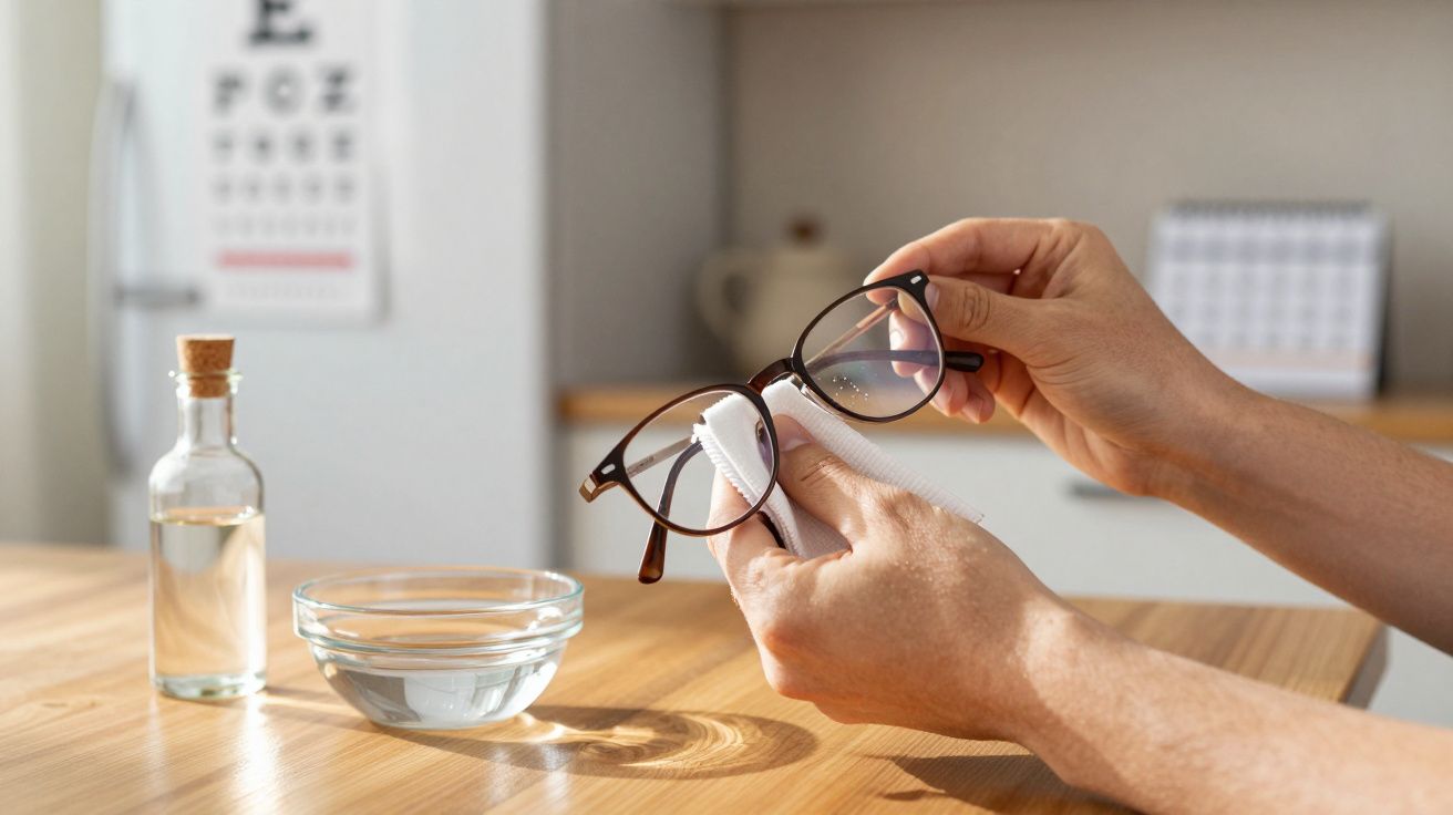 Pessoa limpando óculos com pano branco ao lado de um recipiente com água e outra garrafa pequena.