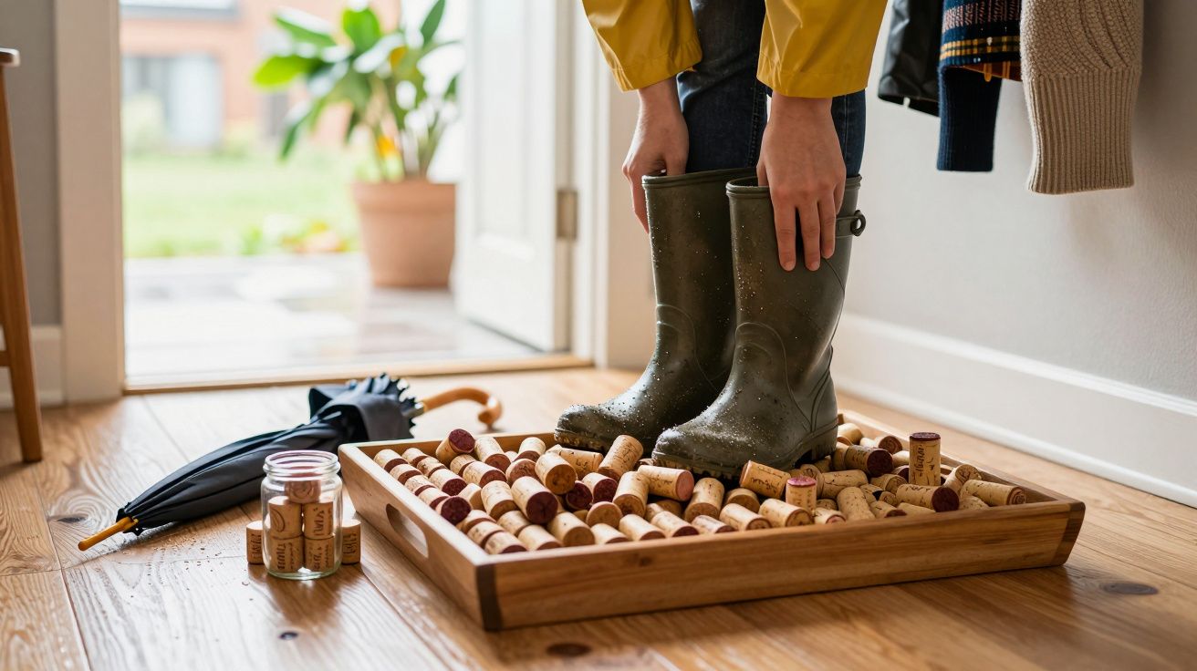 Pessoa calçando botas verdes em tapete feito com rolhas de vinho em entrada de casa.