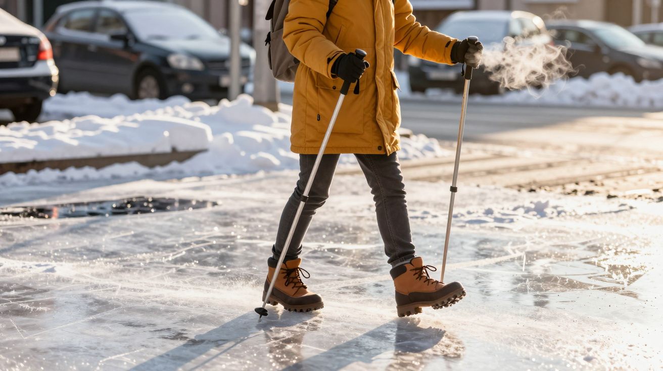 Pessoa com casaco amarelo e botas caminhando no gelo com bastões de apoio, vapor visível no ar frio.