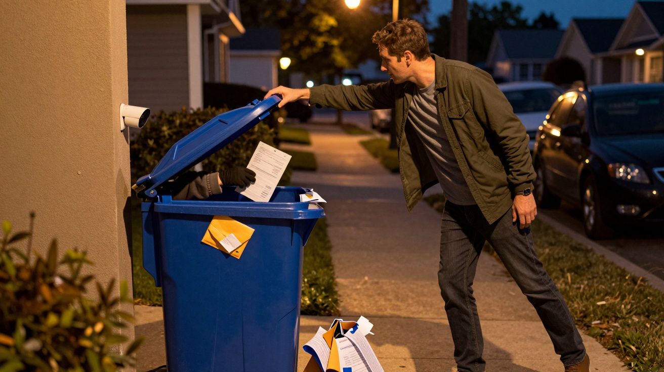 Homem entregando documentos em uma lixeira azul na calçada durante a noite.