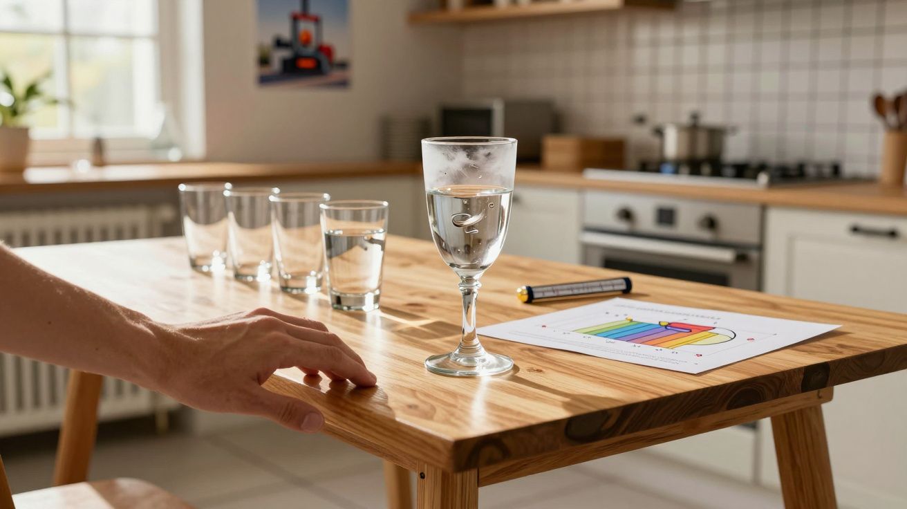 Mesa de madeira com copos d'água, gráfico colorido e mão masculina tocando a borda, cozinha ao fundo.