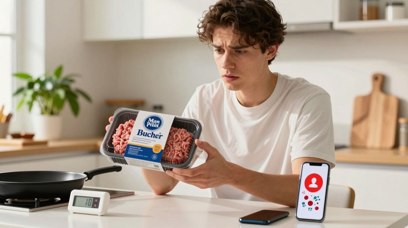Jovem na cozinha olhando com dúvida para embalagem de carne moída enquanto consulta receita no celular.