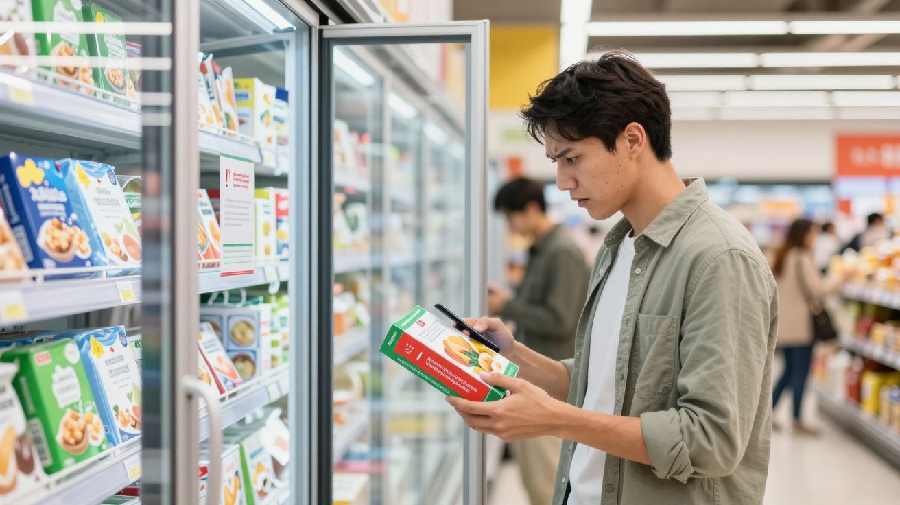 Jovem em supermercado segurando caixa de alimento congelado e usando celular próximo ao freezer.