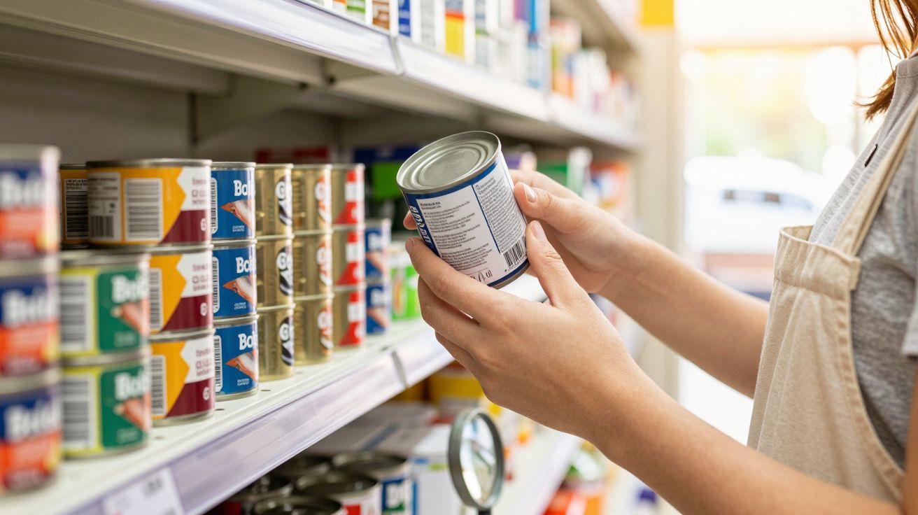 Pessoa segurando uma lata de alimento enlatado em frente a prateleira de supermercado com várias latas expostas.