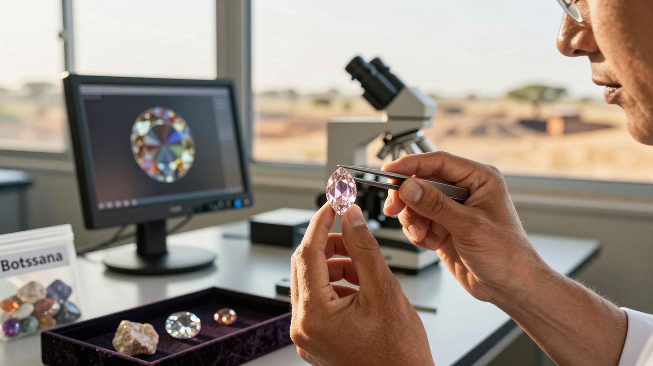 Pessoa segurando gema rosa com pinça em laboratório de gemologia com computador e microscópio ao fundo.