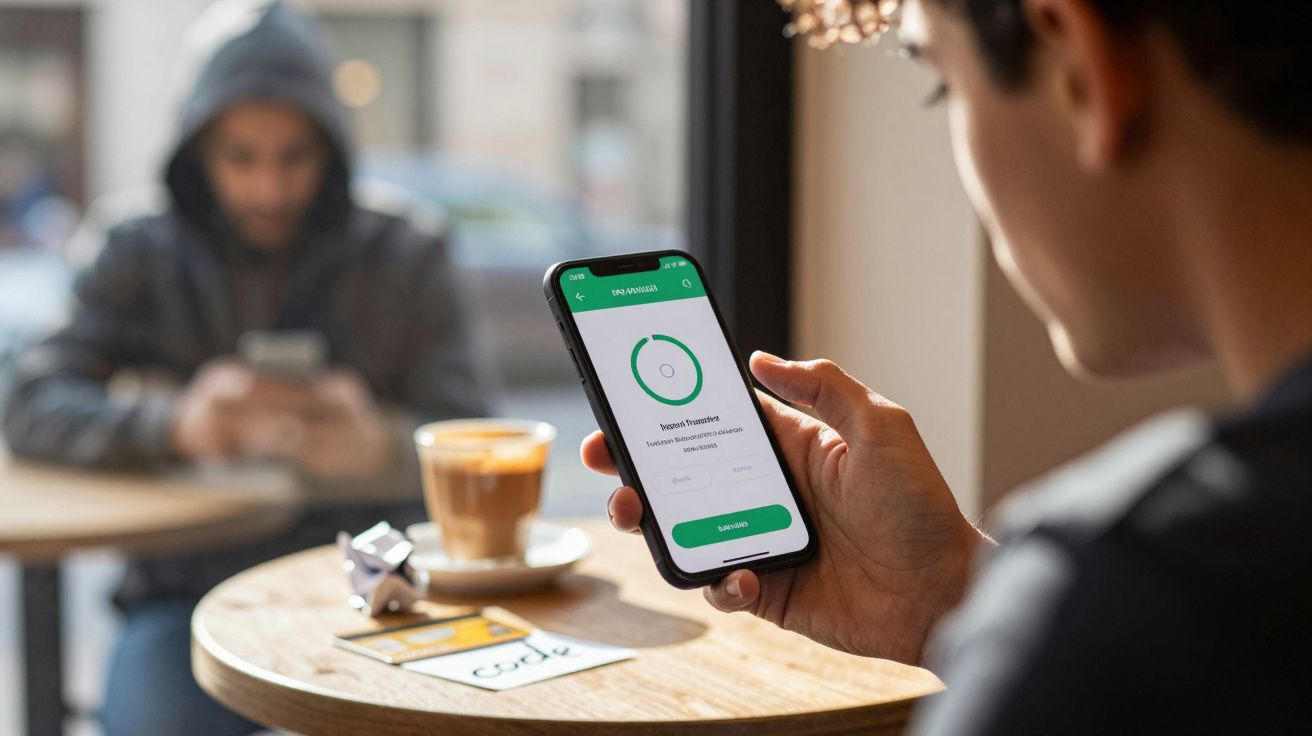 Pessoa segurando smartphone com aplicativo aberto em café, outra pessoa ao fundo usando celular.