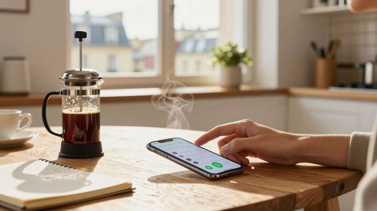 Mão tocando celular sobre mesa de madeira com cafeteira, xícara e caderno em cozinha iluminada.
