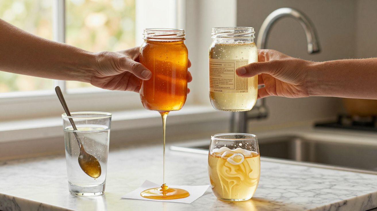 Duas mãos seguram potes de mel, um derramando mel sobre bancada, com copo, colher e bebida ao fundo.