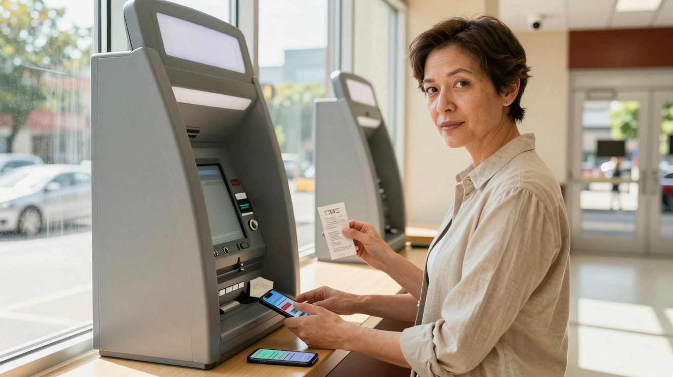 Mulher usando caixa eletrônico com celular e recibo em mãos, em ambiente iluminado e moderno.