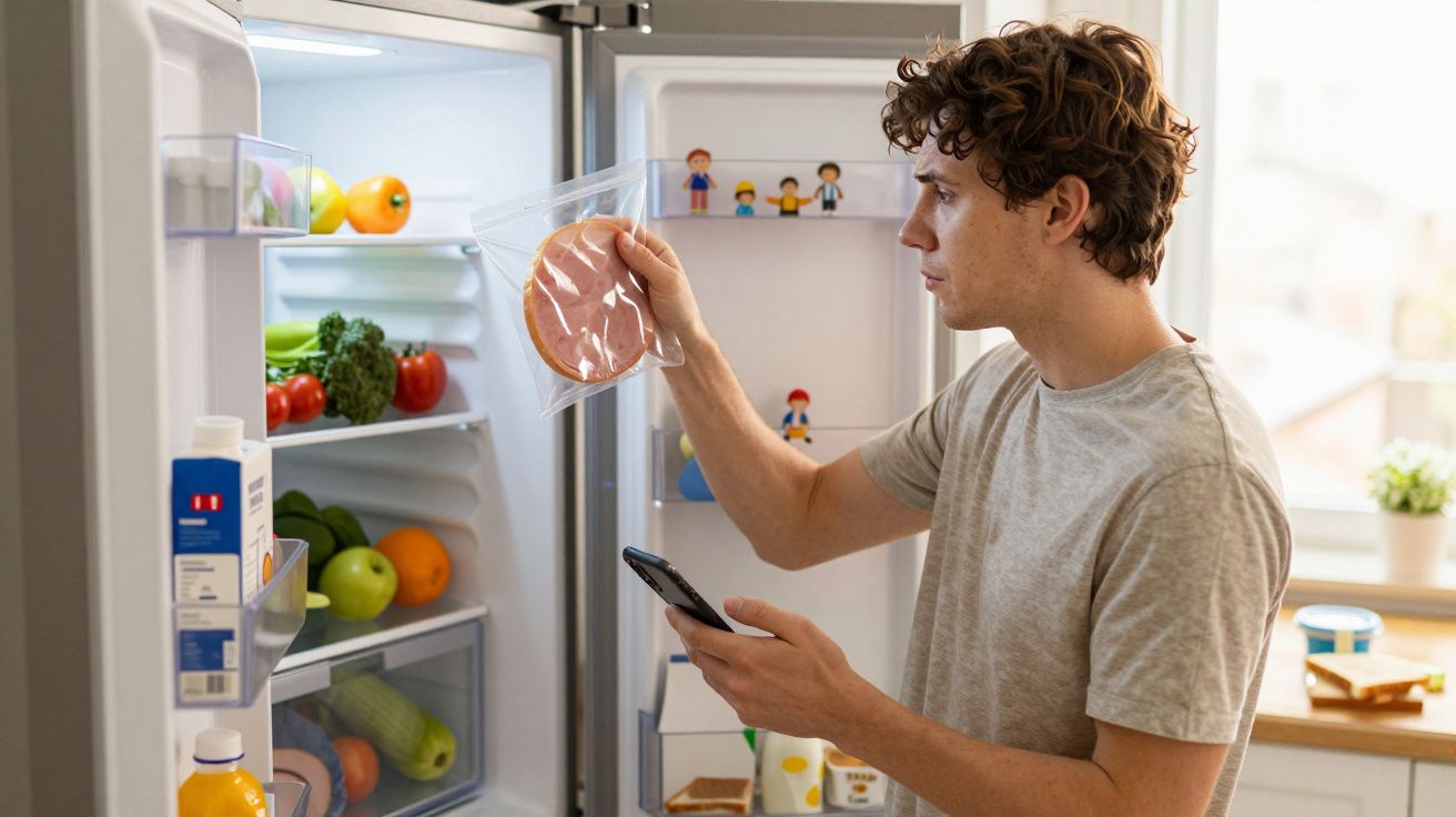 Jovem homem pega alimento embalado na geladeira enquanto consulta o celular na cozinha iluminada.