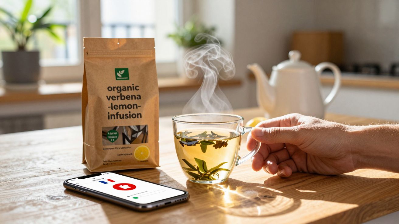 Mão segurando xícara de chá de erva-cidreira com vapor, ao lado de embalagem de chá e celular na mesa.