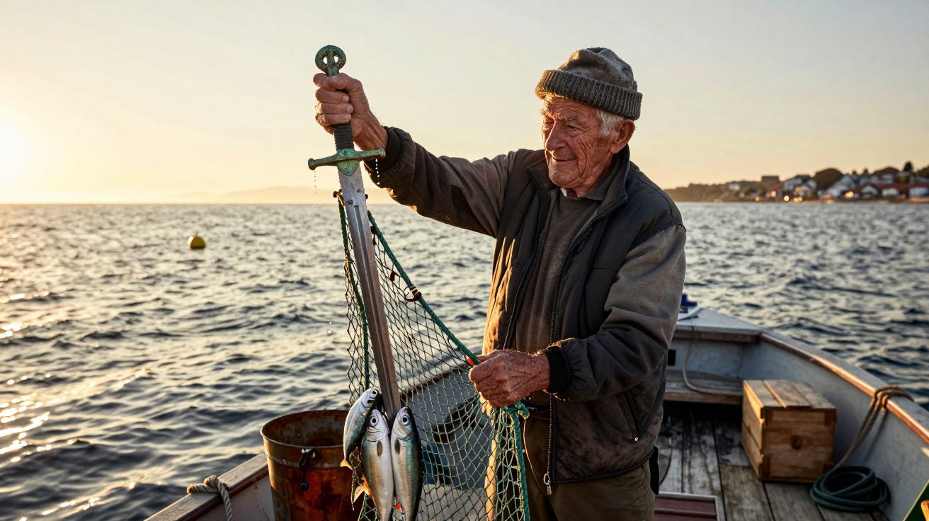 Idoso pescador segura rede com peixes frescos em barco ao pôr do sol no mar.