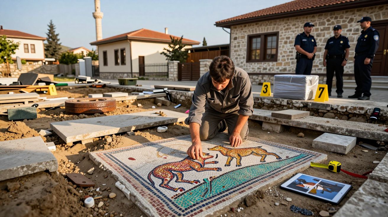 Arqueólogo examina mosaico antigo de animais durante escavação com policiais ao fundo.