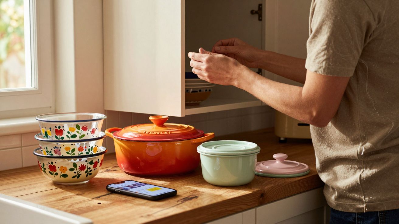 Pessoa abrindo armário na cozinha com panelas coloridas e celular na bancada de madeira.