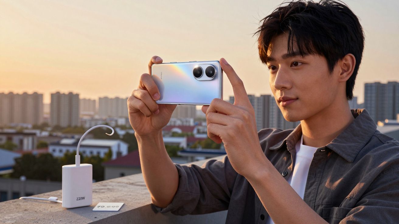 Homem tirando foto com smartphone prateado ao pôr do sol na cobertura com prédios ao fundo.