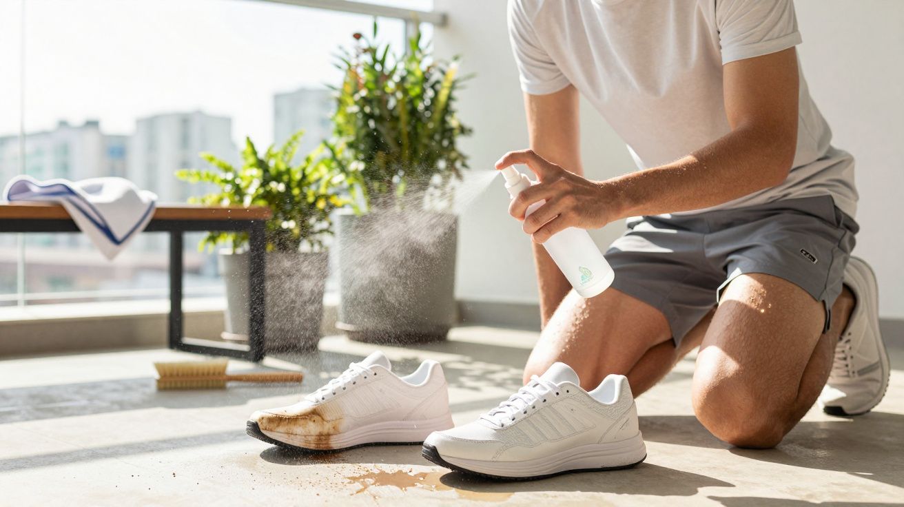 Pessoa aplicando spray de limpeza em tênis branco sujo em varanda com plantas e luz natural.