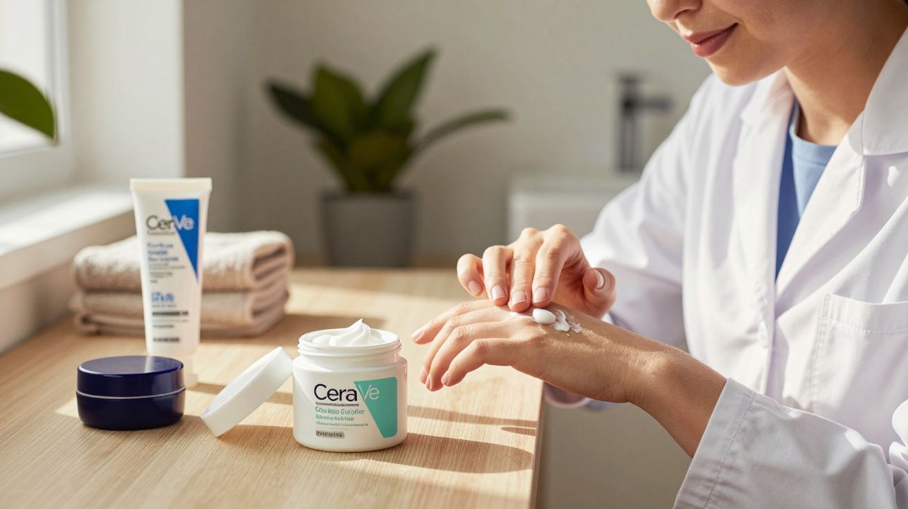 Pessoa aplicando creme hidratante CeraVe nas mãos em ambiente claro e organizado.
