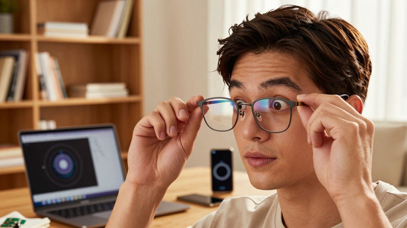Jovem ajustando óculos em frente a laptop e mesa com smartphone em ambiente de estudo.