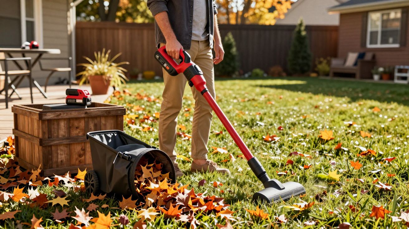 Pessoa usando aspirador a bateria para recolher folhas secas no gramado de jardim residencial.