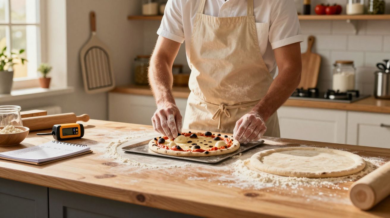 Pessoa preparando pizza com azeitonas e tomate em bancada de cozinha doméstica.