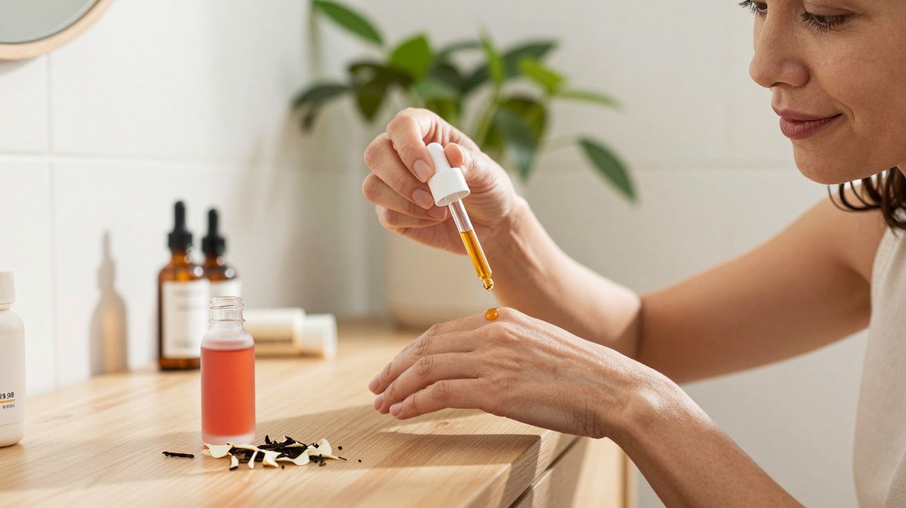 Mulher aplica sérum facial com conta-gotas na mão em ambiente claro e plantas ao fundo.