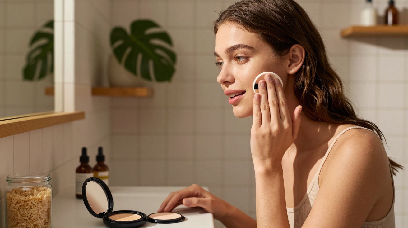 Mulher aplicando maquiagem com esponja no rosto em banheiro com parede de azulejos brancos.