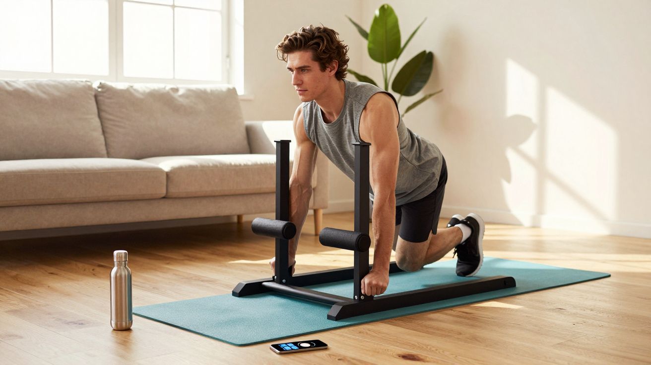 Homem fazendo exercício de barra para tríceps em tapete azul na sala de estar iluminada.