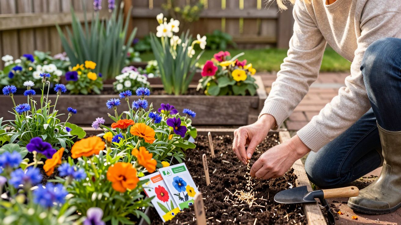Pessoa plantando sementes em canteiro com flores coloridas em jardim ensolarado.