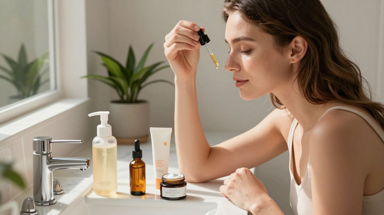 Mulher aplicando sérum facial com conta-gotas em ambiente claro com produtos de skincare sobre a pia.
