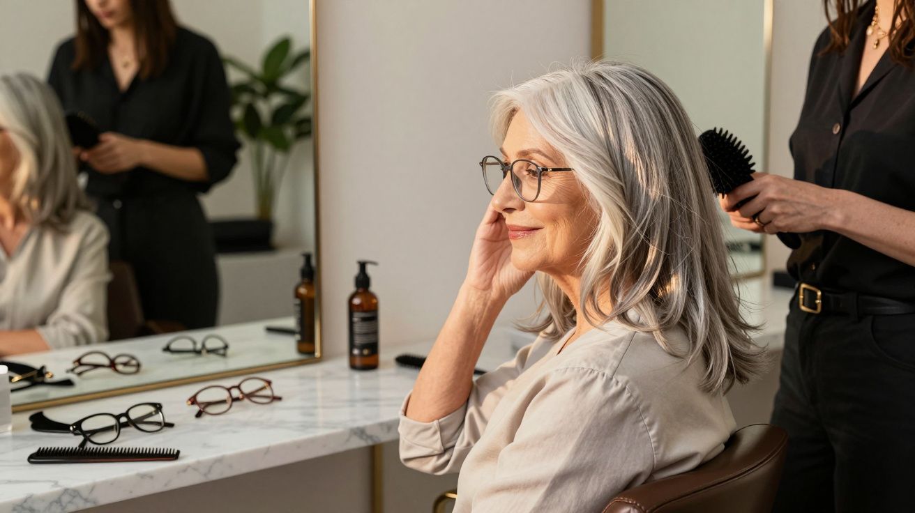 Mulher madura de cabelo grisalho sentada em salão de beleza, sendo penteada por profissional.