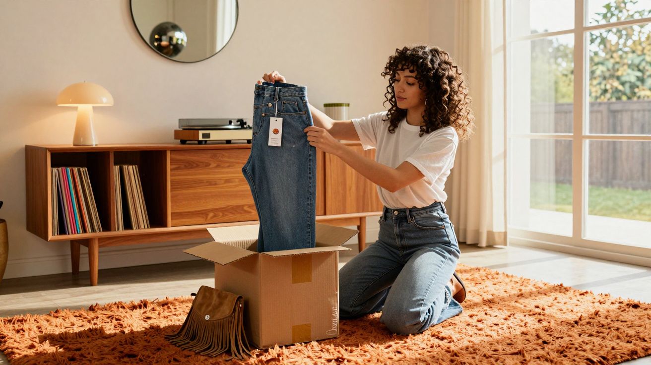 Mulher de cabelo cacheado retira calça jeans de caixa de papelão em sala iluminada e decorada.