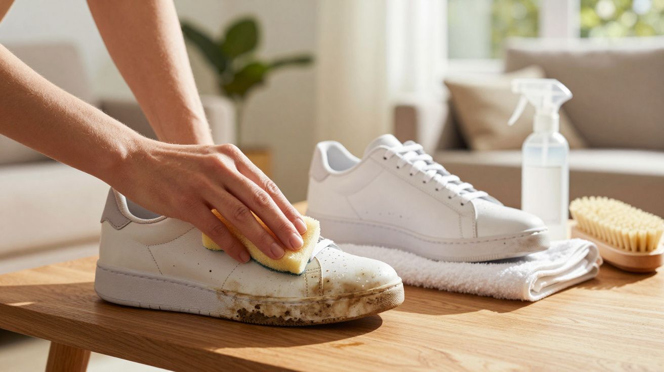 Pessoa limpando tênis branco sujo com esponja em mesa de madeira na sala iluminada.