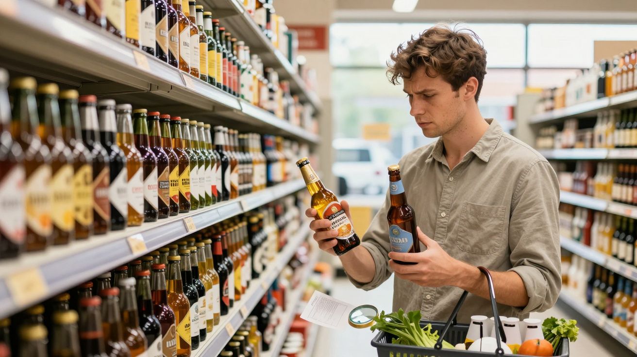Jovem em supermercado comparando duas garrafas de cerveja no corredor de bebidas alcoólicas.