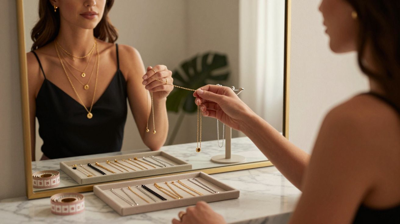Mulher segurando colar dourado, olhando para joias em bandejas diante de espelho.