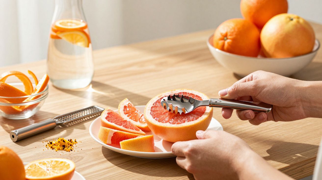 Pessoa usando colher para preparar toranja fresca em prato, com laranjas e utensílios em mesa de madeira.