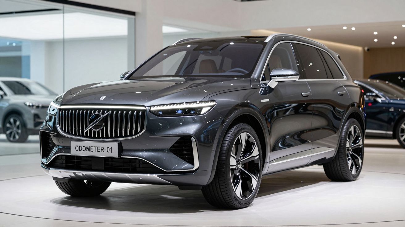 Carro SUV Volvo cinza escuro exibido em showroom com rodas grandes e design moderno.