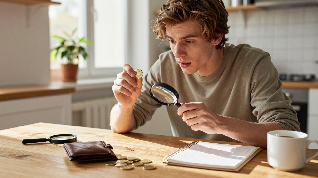 Homem sentado à mesa em ambiente claro observa moeda com lupa, notebook, carteira e xícara ao redor.