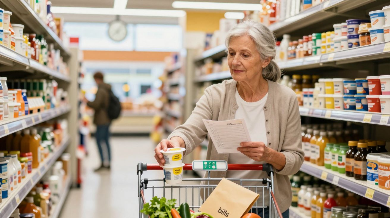 Mulher idosa segurando lista e produto em corredor de supermercado com carrinho cheio de compras.