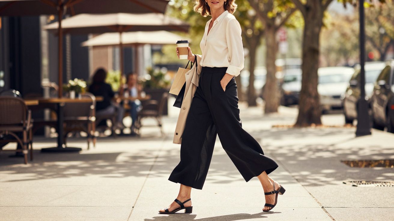 Mulher caminhando na calçada com café e sacolas, vestindo blusa branca e calça preta larga.