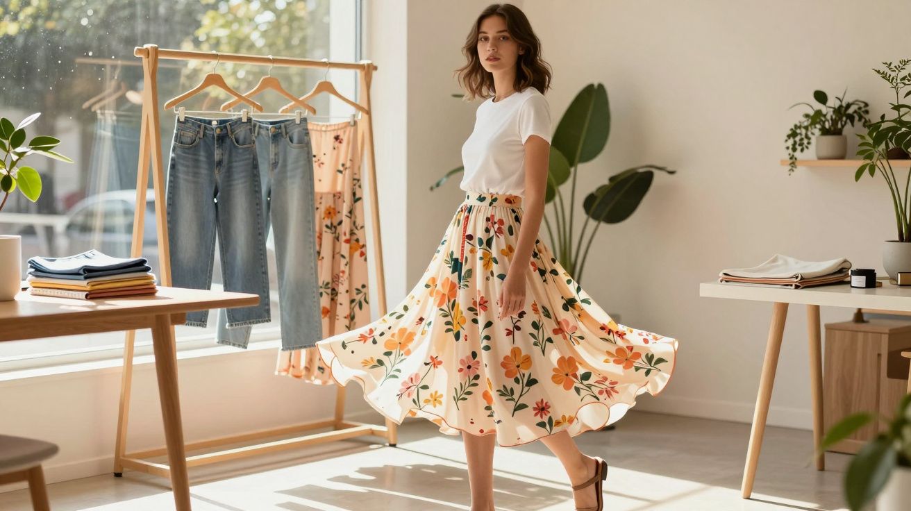 Mulher com saia floral e camiseta branca rodando em ambiente claro com roupas e plantas ao redor.