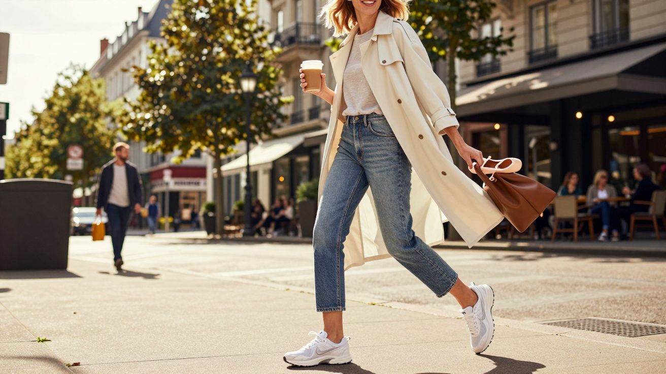 Mulher sorridente com casaco bege, jeans e tênis brancos caminhando na rua com café na mão e bolsa marrom.