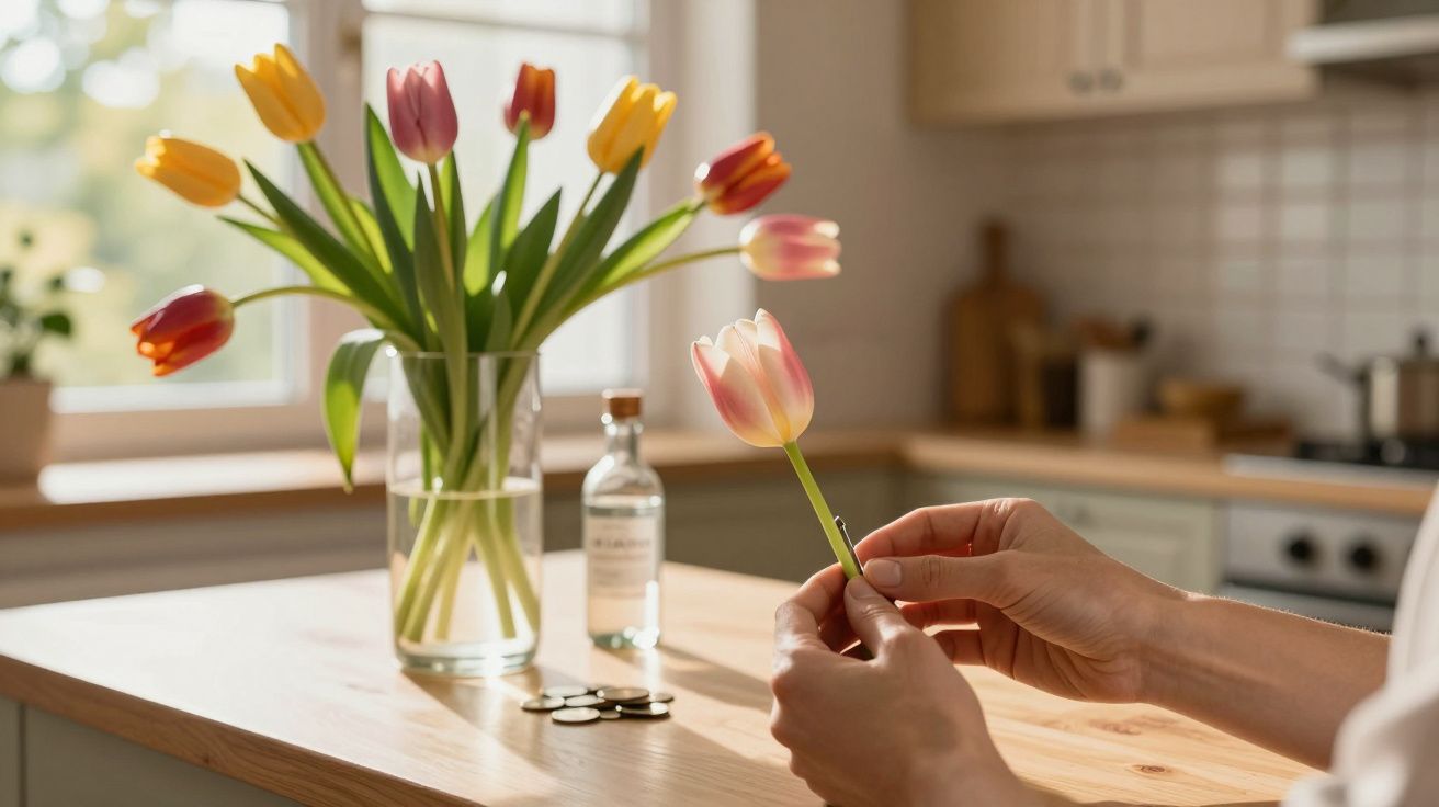 Mãos seguram tulipa rosa em cozinha iluminada, com vaso de tulipas coloridas sobre bancada de madeira.