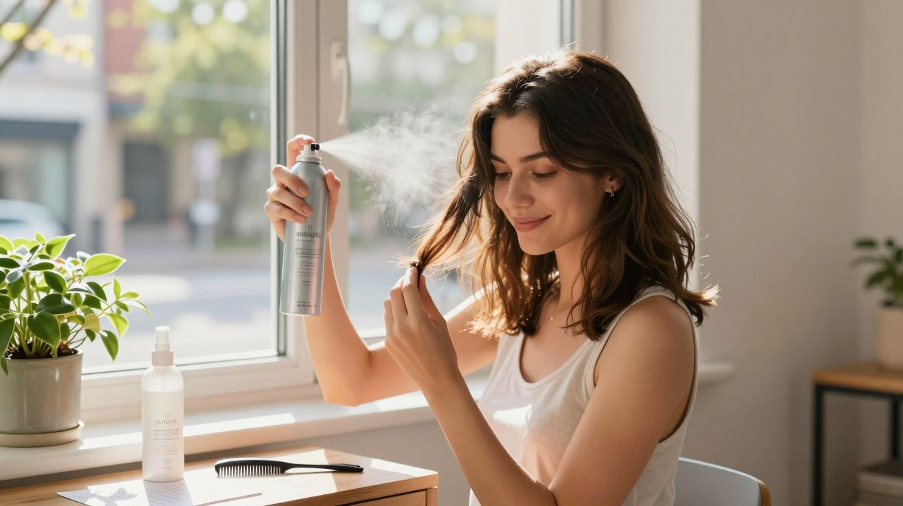Mulher aplicando spray no cabelo enquanto está sentada perto da janela em ambiente iluminado.