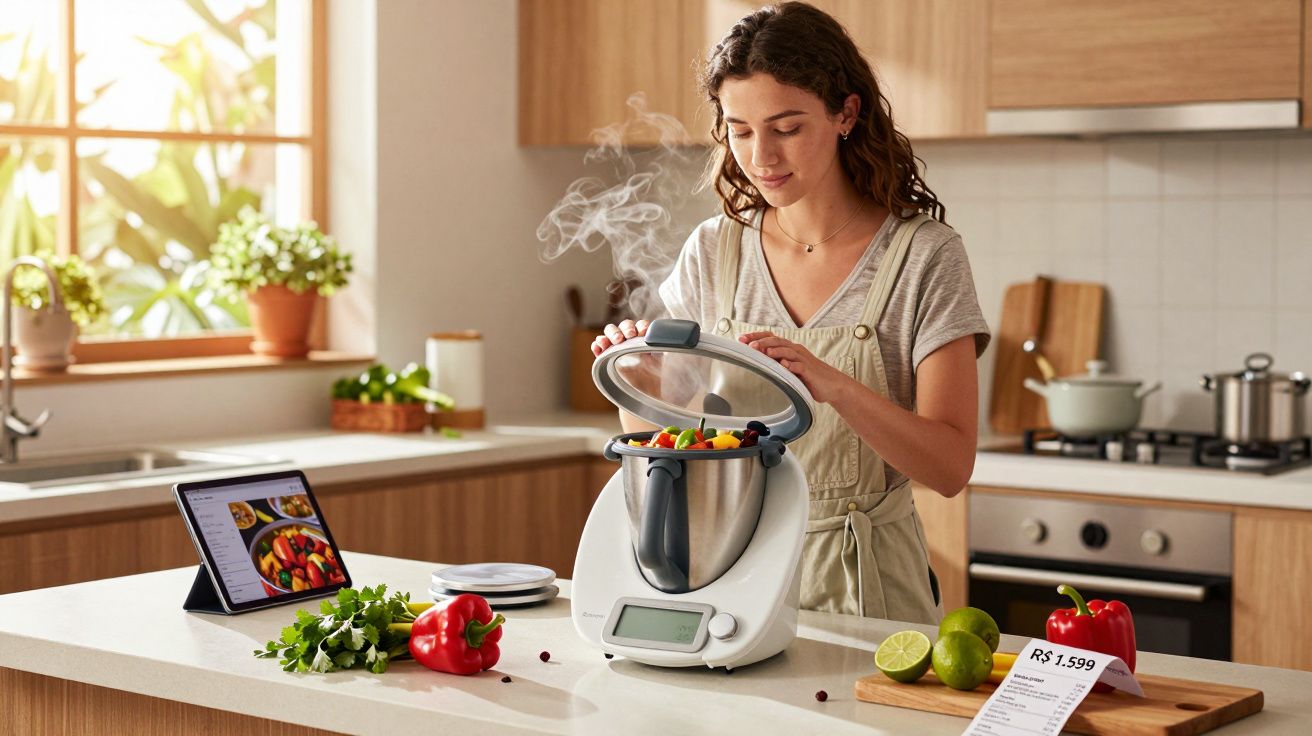Mulher preparando legumes em processador de alimentos em cozinha iluminada e moderna.