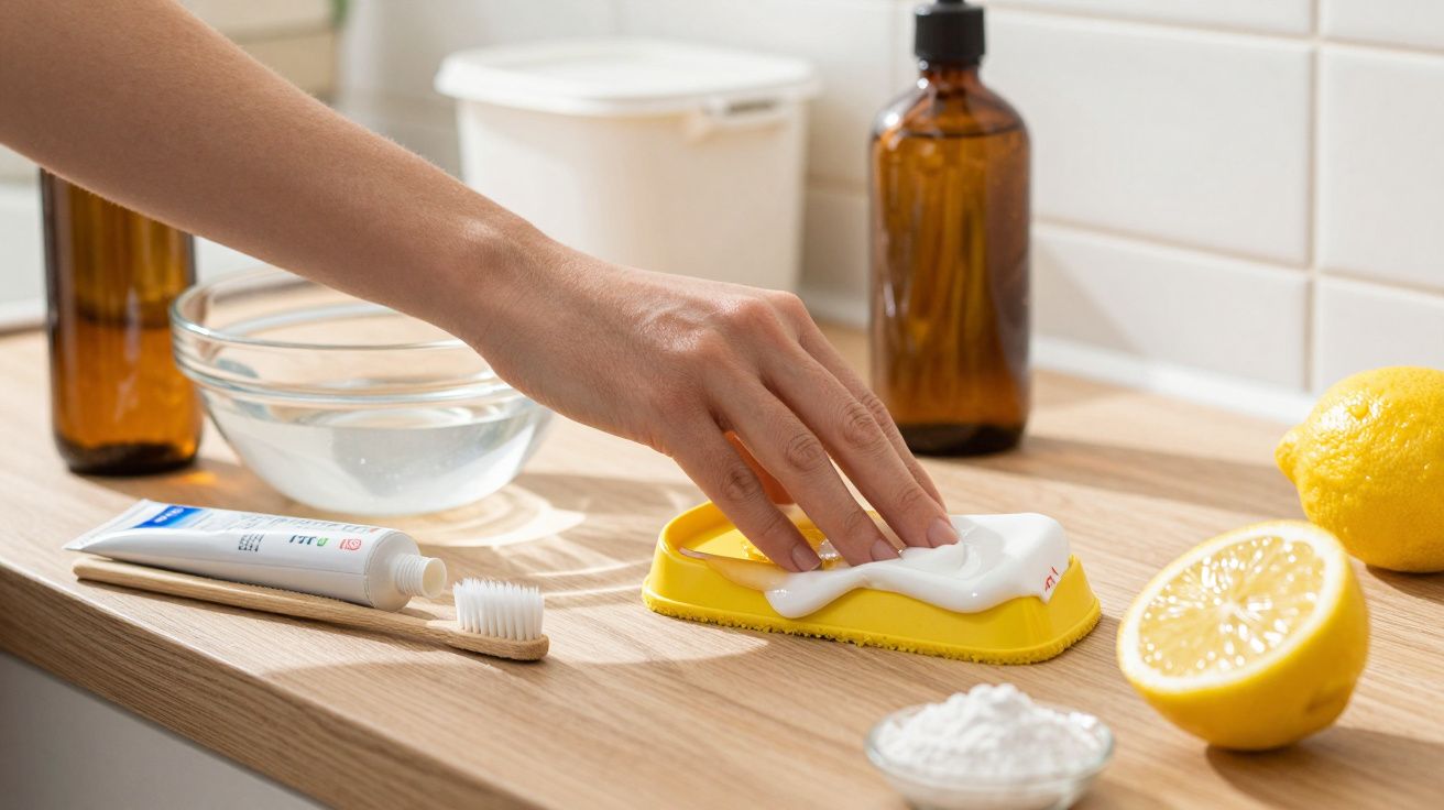 Mão passando creme branco em esponja amarela sobre bancada com limão, escova, pasta e frascos.