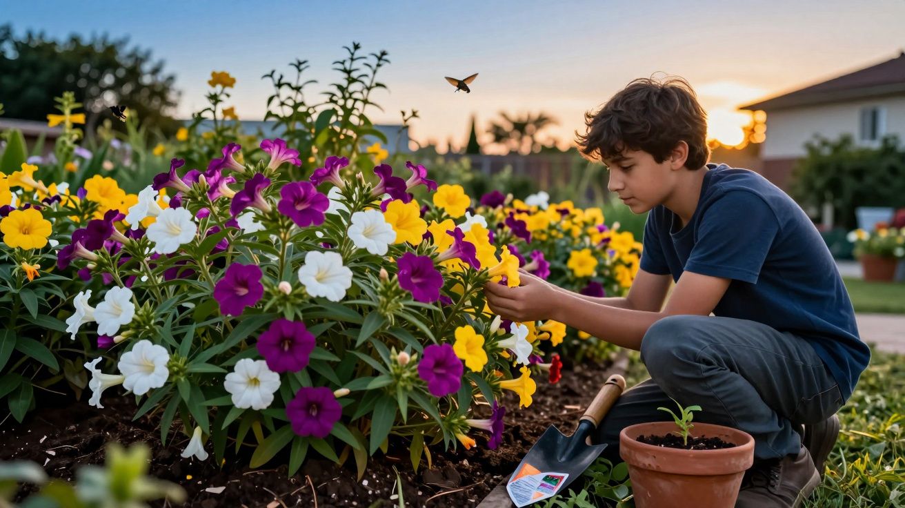 Menino cuidando de flores coloridas em um jardim ao entardecer, com pássaro voando ao fundo.